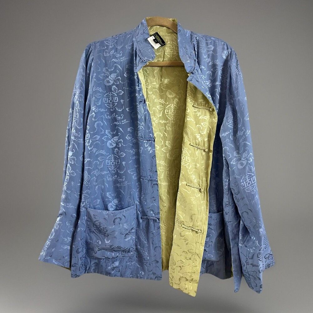 Dreamsacks Wom Sz M 100% Silk Kimono Jacket Reversible Blue Green Lightweight